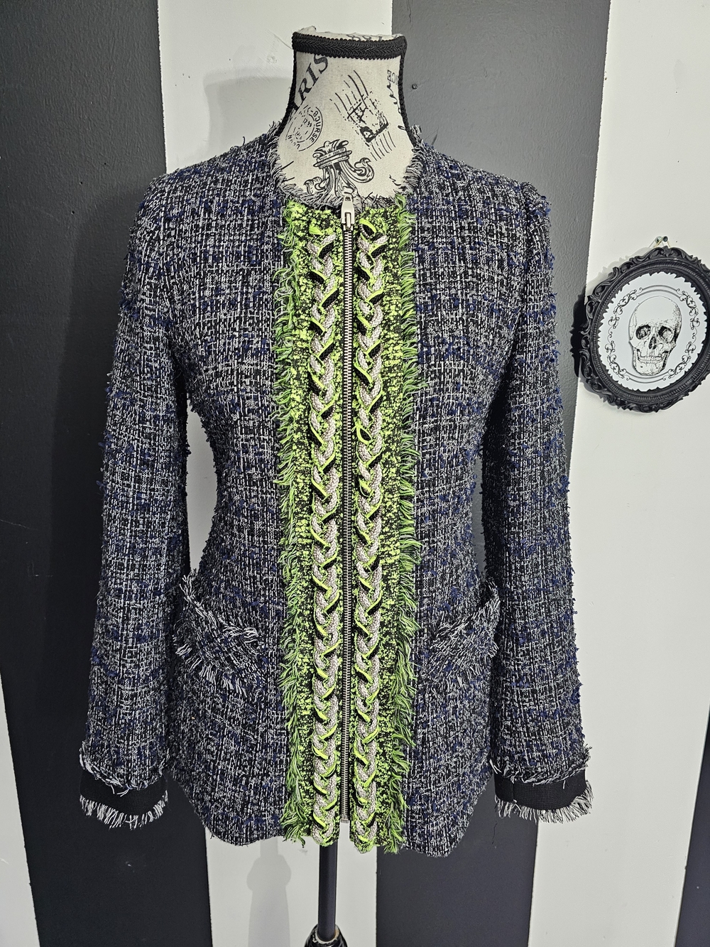 Textured Navy Tweed Blazer with Green Fringe Trim